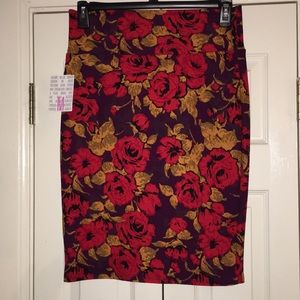 Lularoe Cassie pencil skirt red purple gold floral